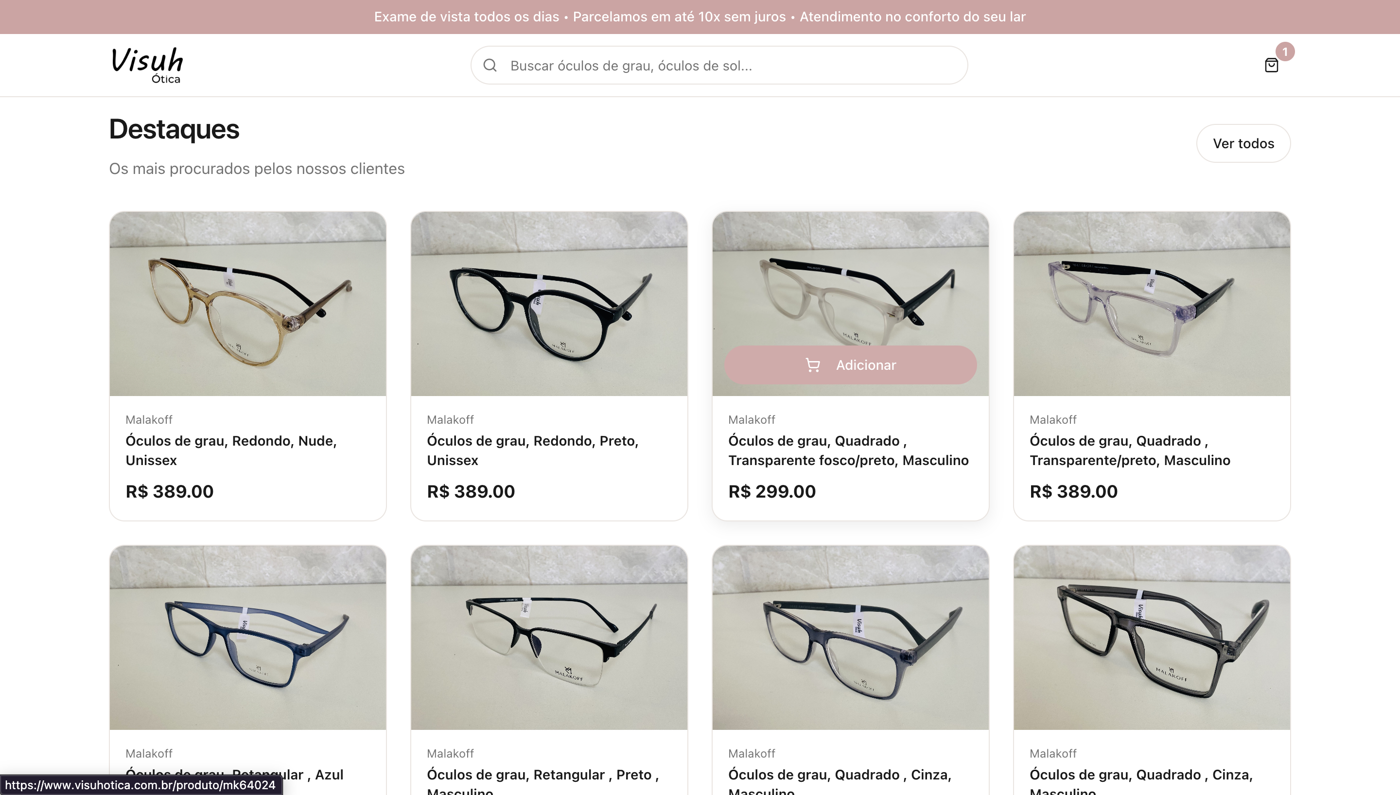 Interface do projeto Vitrine Visuh Ótica
